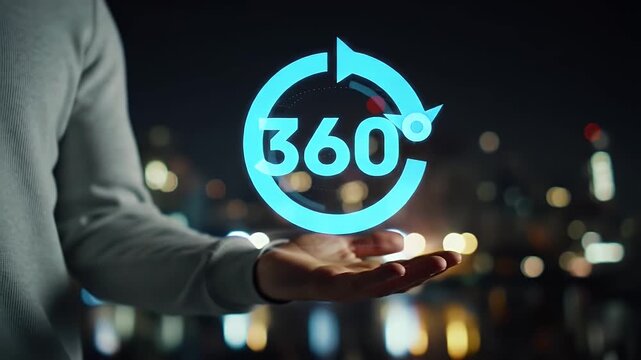 Person Holding a 360 Degree Rotating Digital Icon at Night