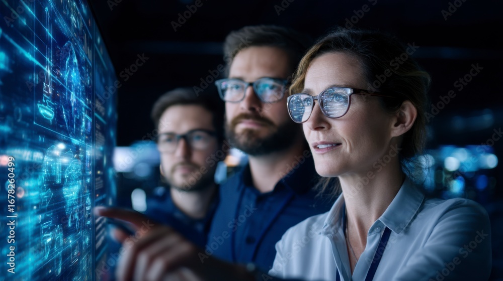 Poster a group of professionals analyzes data on a futuristic screen, showcasing technology and teamwork in