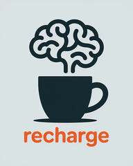 Recharge: Minimal Flat Art Mug with Brain-Connected Steam and Bold Orange Text