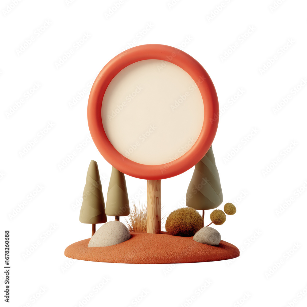 Poster whimsical 3d rendering of a circular frame amidst abstract trees and terrain on a clean background