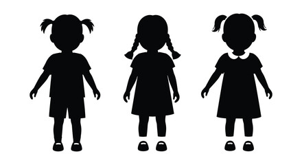 Three Silhouettes of Cute Little Girls in Different Outfits