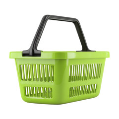 Lime green shopping basket with a gray handle against a stark isolated background presents a