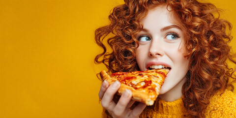Redhead woman enjoying a slice of pizza on yellow background