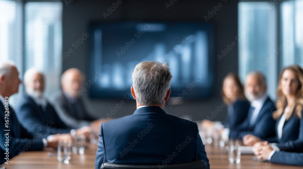Poster a business meeting scene featuring a group of professionals seated around a table, focusing on a spe