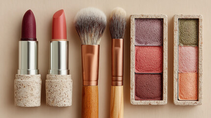 Top view makeup collection featuring lipstick, blush, brush, face highlight, and eyeshadow palette on beige backdrop. Artistic cosmetic arrangement for beauty enthusiasts.