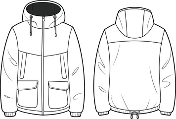 Front and Back Technical Drawing of a Winter Hooded Jacket with Pockets and Drawstring Hem &ndash; Fashion Flat Sketch