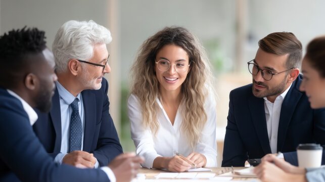 A diverse group of professionals engaged in a collaborative meeting, sharing ideas and discussing strategies in a modern workspace.