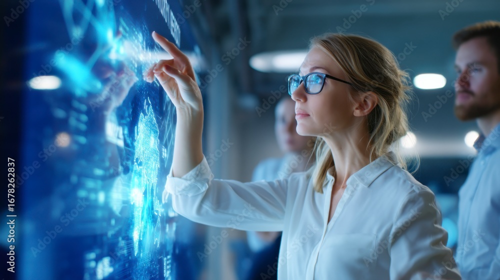 Poster a focused professional interacts with a digital interface, showcasing advanced technology and data v