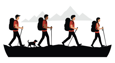 Group of Hikers with Dog Trekking in Mountains