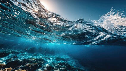 Underwater view of a wave cresting, sunlight breaking through