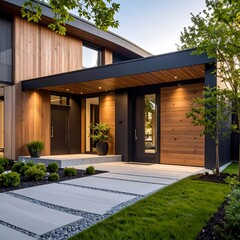 Modern home exterior with covered entryway