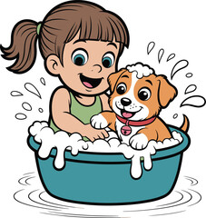 Cartoon girl bathing dog, happy pet wash scene, cute animal care illustration, fun kid activity, dog grooming, playful moment