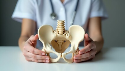 3D pelvic model on a tabletop. Ideal for teaching pelvic alignment, SI joint mechanics, and postpartum rehab. Neutral clinical setting