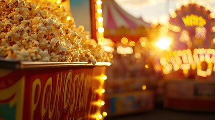 Freshly Popped Popcorn Stand at Sunset Carnival with Bright Lights