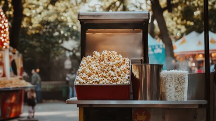 Freshly Popped Popcorn Stand in a Vibrant Outdoor Fair Setting
