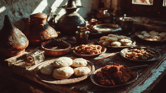 Vintage kitchenware holding handcrafted snacks, bathed in warm nostalgic light.