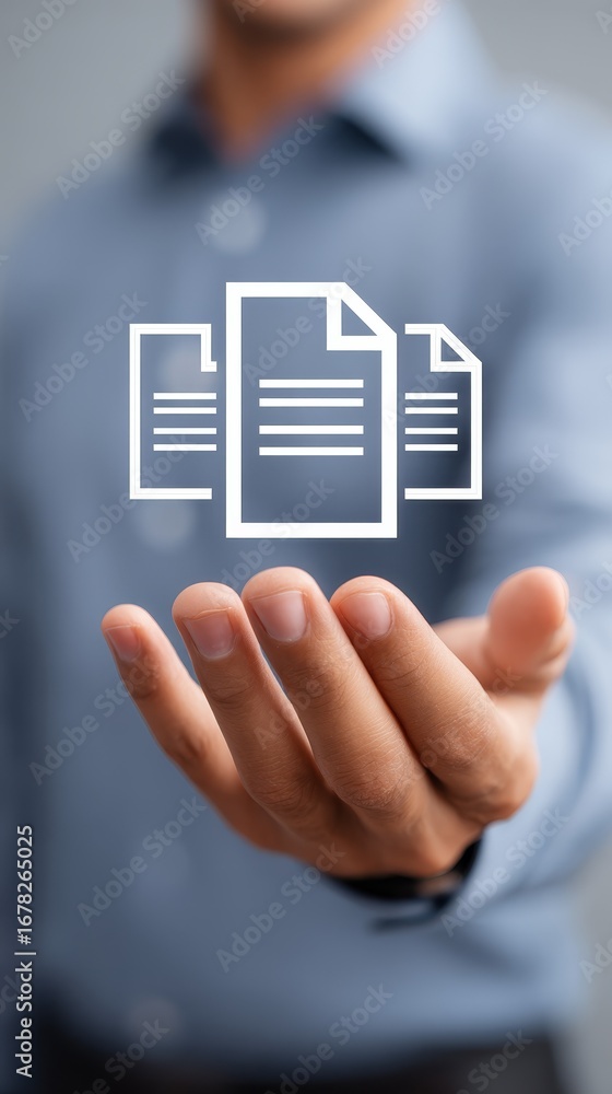 Poster man holding document icon, exploring digital data management, file storage, and information access i