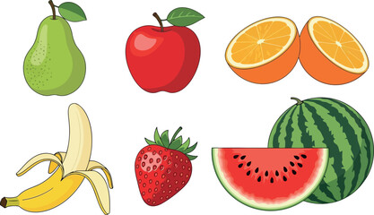 Vector vector art of collection of fresh fruits including apple, pear, banana, strawberry, orange, and watermelon transparent background