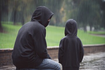 Two hooded figures, an adult and a child, stand in the rain with their backs mostly to the viewer, in an outdoor park setting.