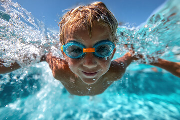 Naklejka premium Portrait of little boy swimming underwater in the pool. Sunny summer day