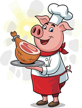 Naklejki Cute cartoon pig chef holding ham, farm fresh meat illustration, funny butcher mascot, food advertising, pork logo, restaurant branding