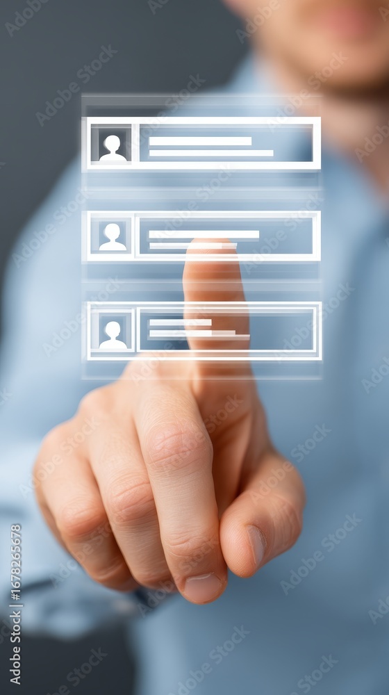 Poster man demonstrating website navigation and interface for online tutorials web development.