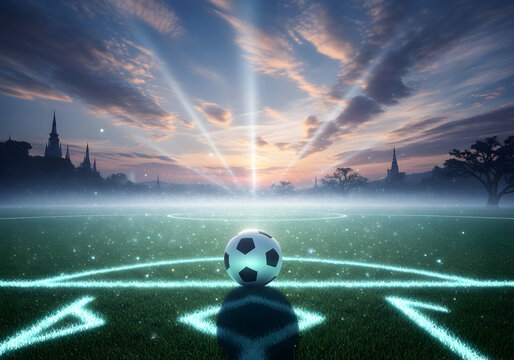 Soccer ball on a glowing field with magical light beams and distant temples at sunrise Keywords: soccer, football, ball, sport, game, field, pitch, grass, glowing, luminous, light, beams, rays