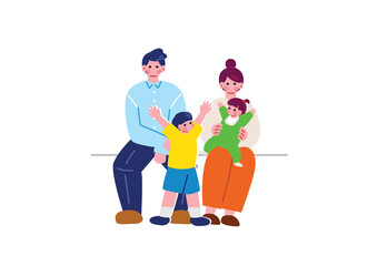 椅子に座る四人家族