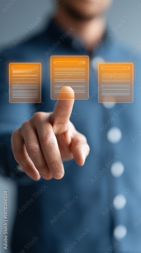 Aufkleber man interacts with futuristic touch screen technology, a glimpse into interactive digital experience