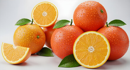 Fresh oranges glistening with water droplets for healthy eating and juice ads, vibrant and juicy