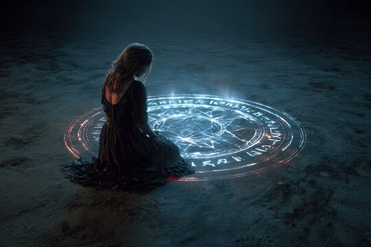 witch shadow casting spell circle glowing runes