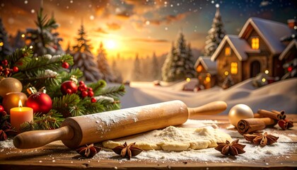 A painting of a christmas scene with a rolling pin