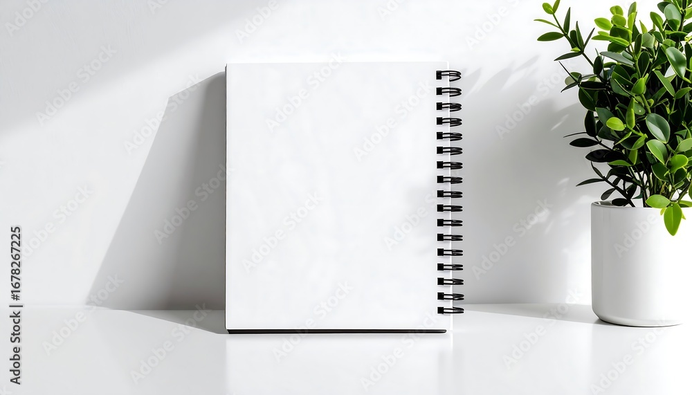 Poster minimalist notebook mockup with soft lighting and greenery