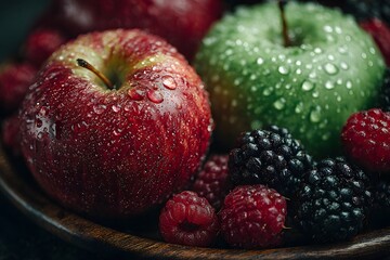 Dew-Kissed Apples and Berries: A Close-Up Still Life of Vibrant Autumnal Fruits
