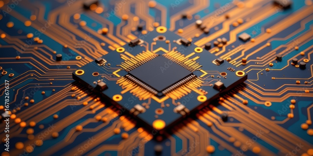 Poster close-up of a circuit board with a microchip amidst intricate pathways.