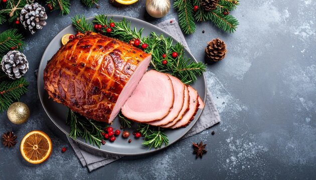 'delicious ham grey table top view space text christmas nner background baked celebration cooked copy cut dinner dish eat eve feast festive flat food fresh glazed epicure holiday homemade ingredient