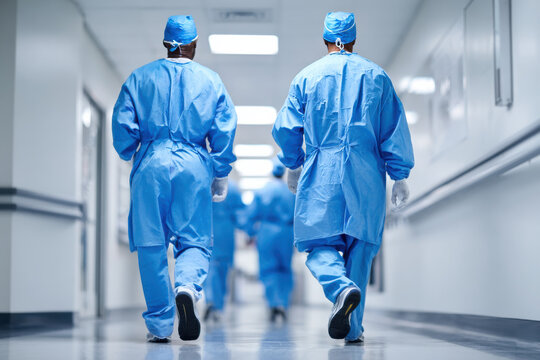 Rear view of surgeons walking down hospital corridor wearing scrubs - Powered by Adobe