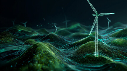 futuristic wind turbine in digital landscape, spinning blades creating green electric energy, holographic data tracking environmental impact and smart sustainability systems