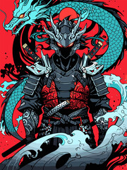 samurai flanked by dragons