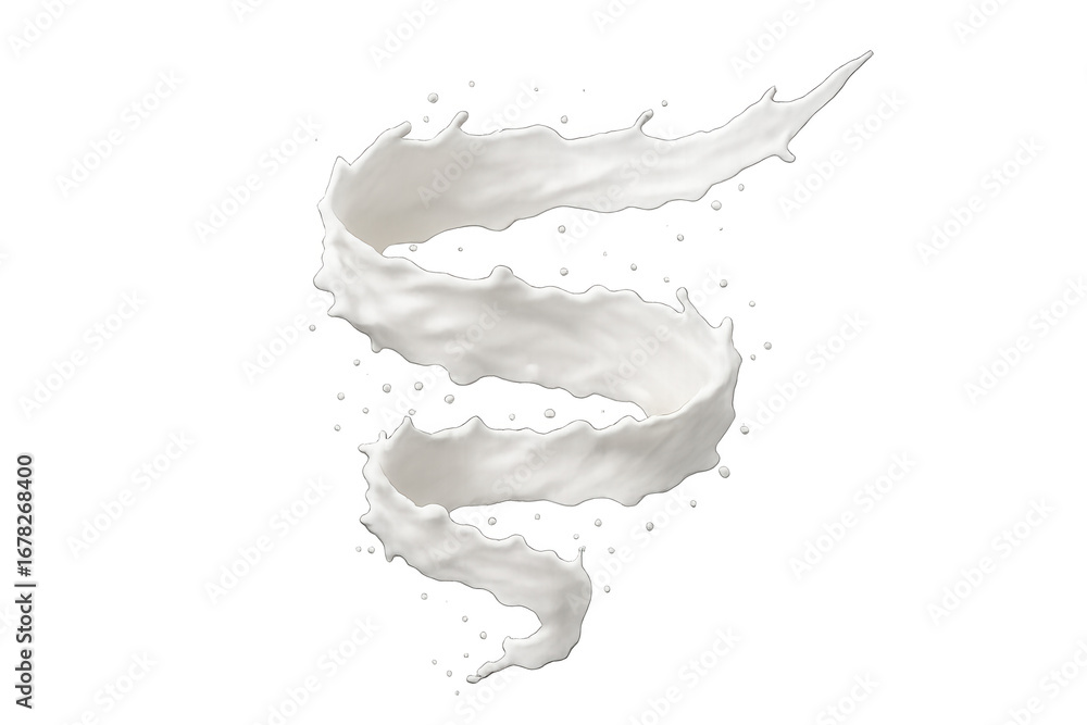 Poster milk liquid creating dynamic spiral pattern, curving and splashing with translucent white movement a