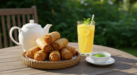 Enjoy freshly made fried spring rolls with a refreshing drink in a peaceful outdoor setting for a delightful experience