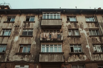 Weathered apartment building laundry drying, city background, urban decay