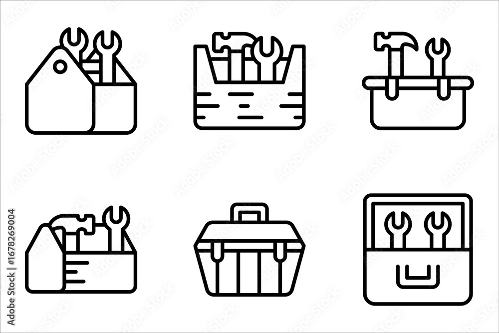 Poster toolbox icon set. carpenter toolkit icon. hardware tool box sign vector illustration on white backgr