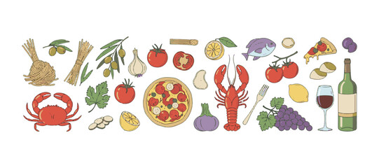 A collection of hand-drawn illustrations depicting Mediterranean cuisine. This minimalist line art features pasta, olives, pizza, tomatoes, lemons, crabs, lobsters, grapes, and wine