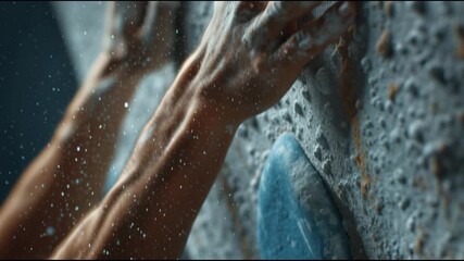 Hands covered in chalk firmly hold onto a rocky surface inside an indoor climbing gym. The atmosphere is intense, filled with dust and anticipation as the climber ascends. - Powered by Adobe