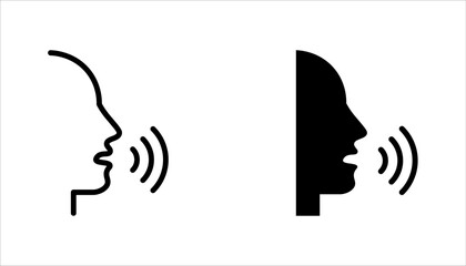 Speaking icon set. Talk person sign or symbol , man with open mouth and sound wave , Voice command, vector illustration on white background