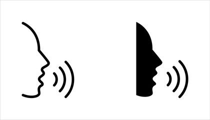 Speaking icon set. Talk person sign or symbol , man with open mouth and sound wave , Voice command, vector illustration on white background