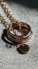 Naklejka premium Elegant Jewelry Display with Layered Gold and Silver Necklaces, Delicate Rings, and Statement Earrings on Neutral Fabric Background - Modern Editorial Fashion Style