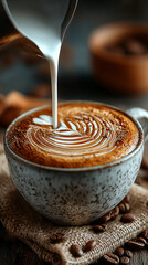 Barista crafting latte art with creamy foam letters, detailed macro view in a warm coffee shop setting.