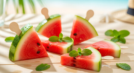 Refreshing watermelon slices on sticks with mint leaves on a wooden table